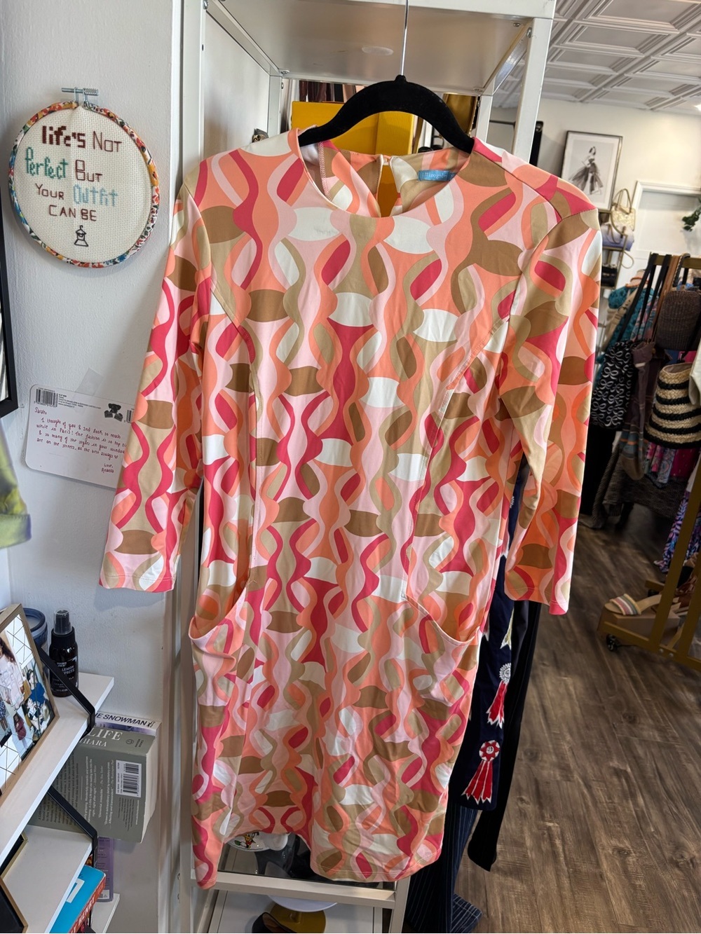 J. McLaughlin Pink, White & Tan Long Sleeve Shift Dress